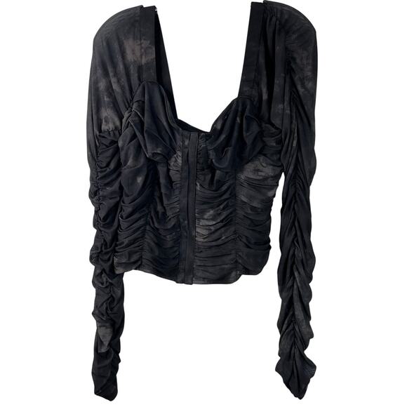 Free People NWT All Night Black Combo Sheer Long Sleeves Ruched Blouse Size XL - Picture 2 of 16